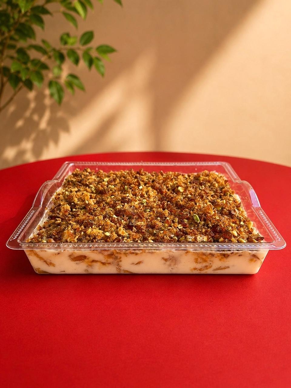 Sharing-size batata dessert topped with croquant and pistachios